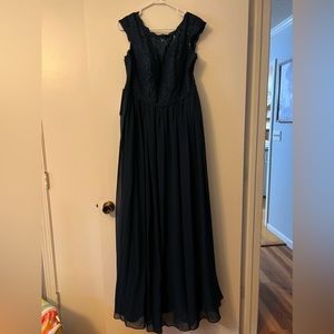 Azazie navy blue floor length dress with lace
